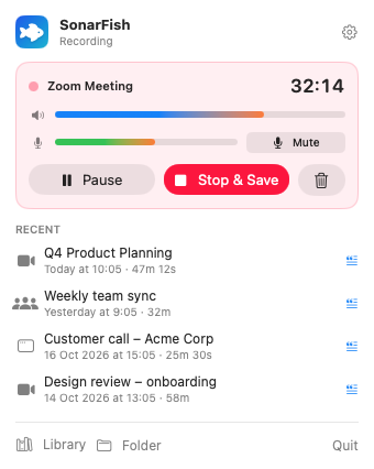 SonarFish recording a Zoom meeting from the menu bar
